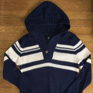 Lucky Brand Women’s Navy Blue Cream Stripe V Neck Hoodie Thick Sweater Large